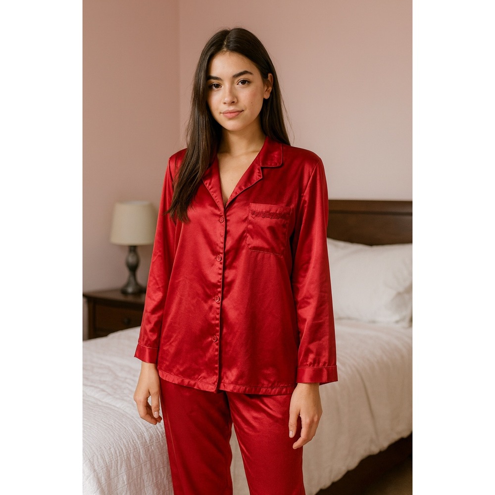 Red Satin Pajama Set Lingerie‎ Sleepwear Button Up Stretch Loungewear